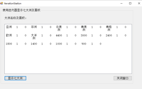 C#编程，使用迭代器显示七大洲名称和面积（源代码）「建议收藏」
